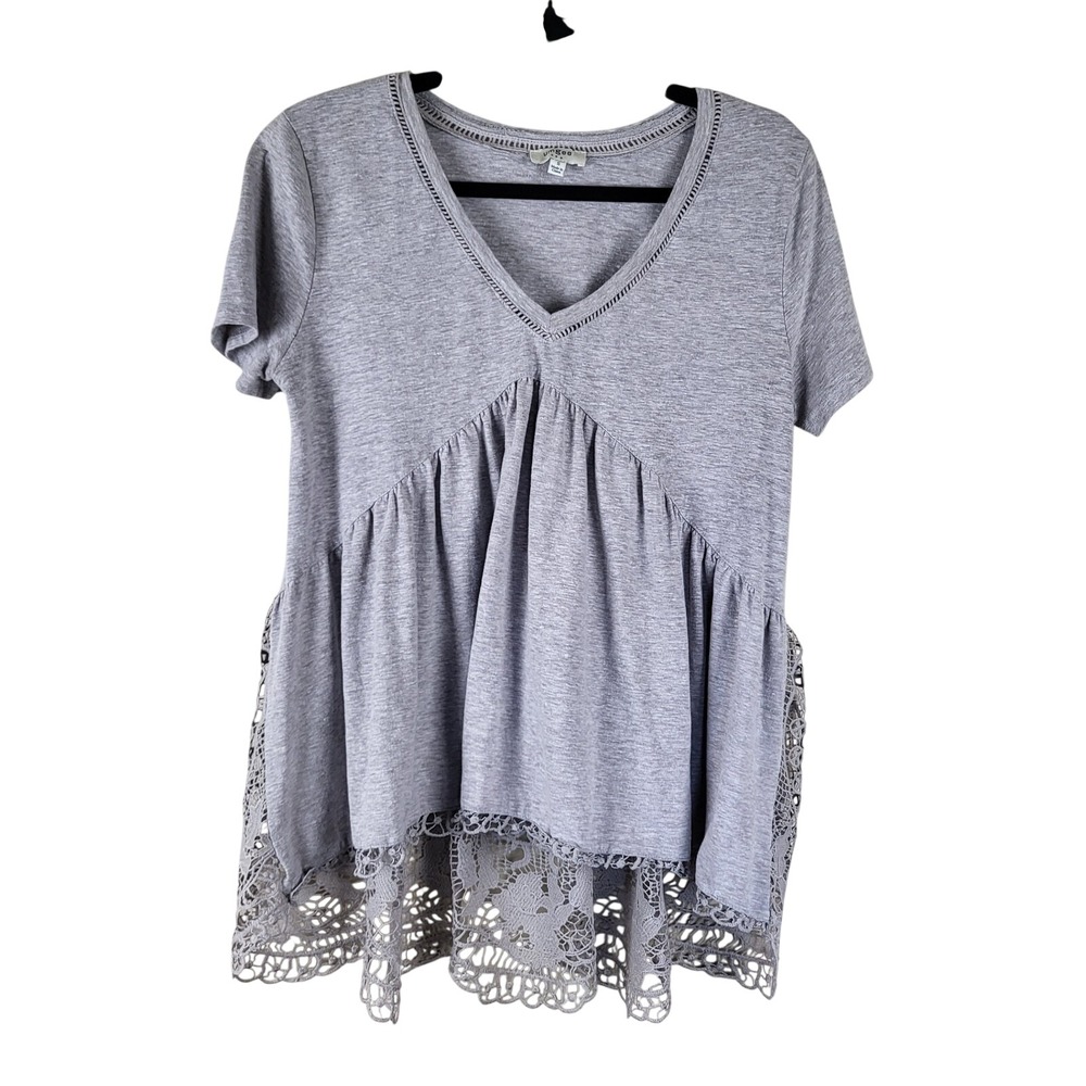 Umgee Lace Back Boho Top Women's Small Gray V Neck Stretch Festival Short Sleeve
